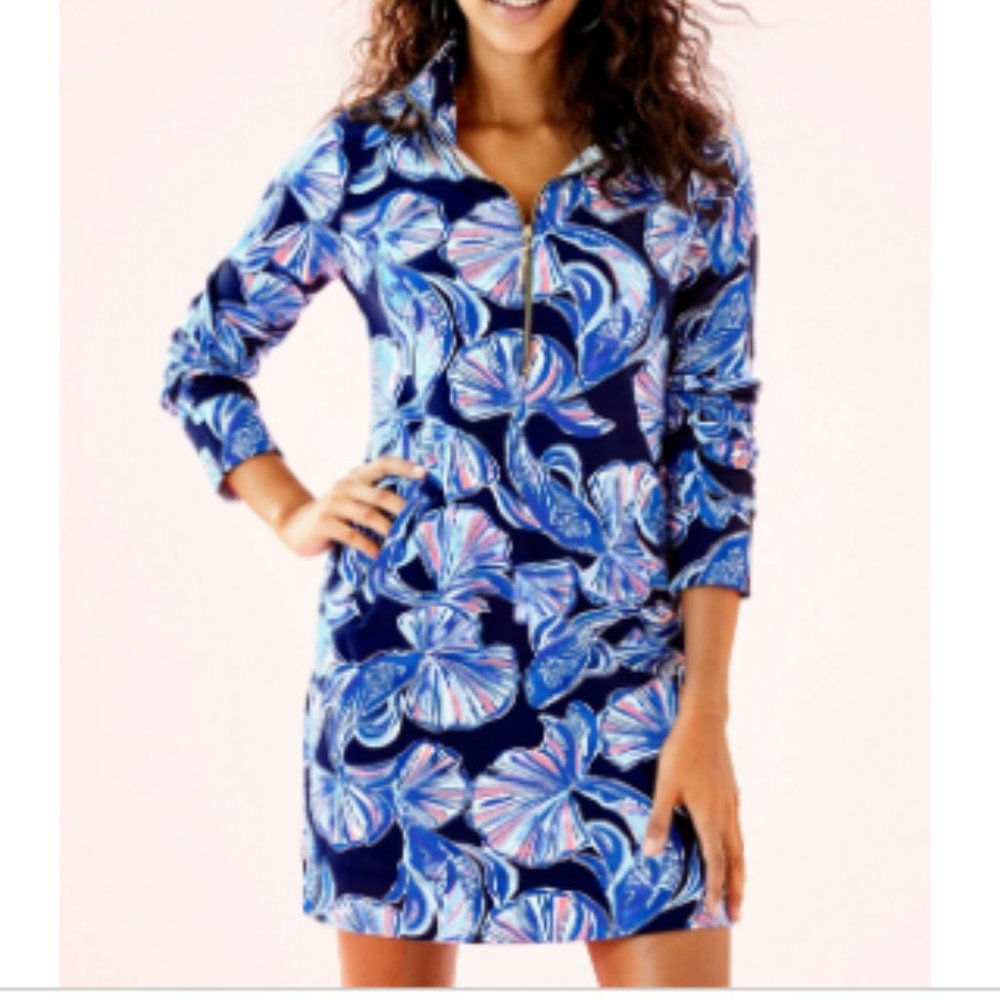 Beautiful Lilly Pulitzer UPF 50 Skipper Popover Dress Bright Navy in REEL LIFE